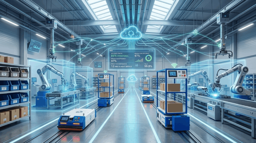 Mô hình nhà máy thông minh kết nối IoT MES AGV và AI trong hệ thống sản xuất hiện đại