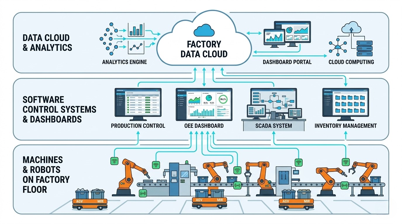 Sơ đồ hệ thống tự động hóa nhà máy kết nối máy móc phần mềm và dữ liệu trong sản xuất