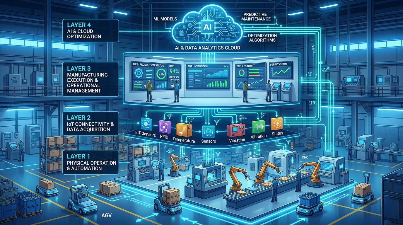 Các công nghệ cốt lõi trong nhà máy thông minh gồm IoT AGV AI và MES ERP kết nối dữ liệu sản xuất