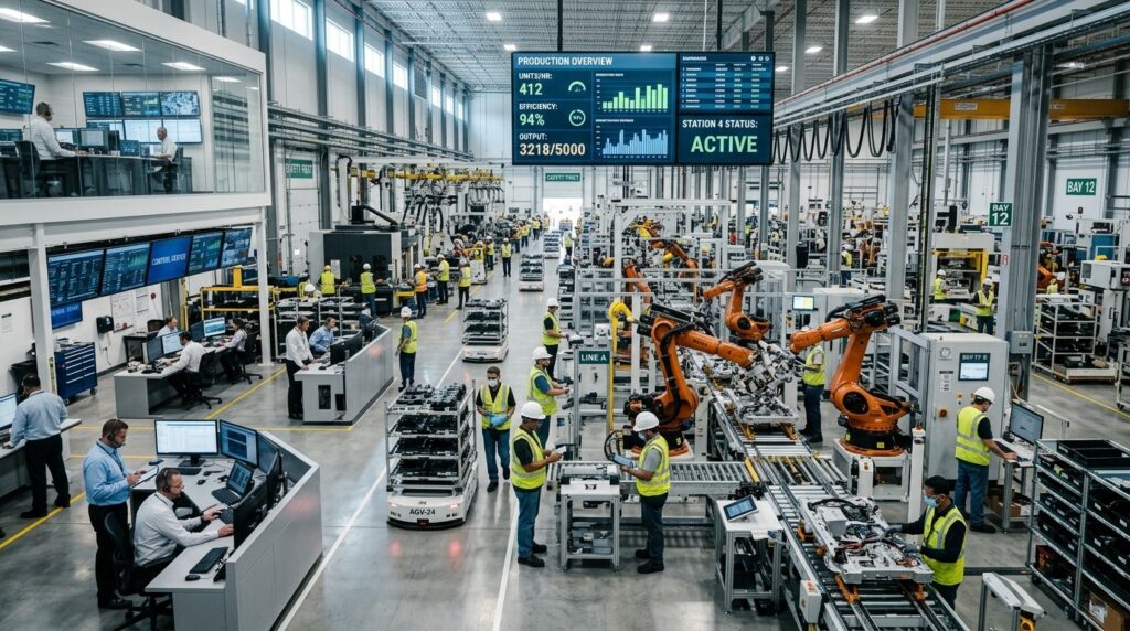 Nhà máy sản xuất quy mô lớn sử dụng robot AGV và hệ thống tự động hóa trong dây chuyền sản xuất