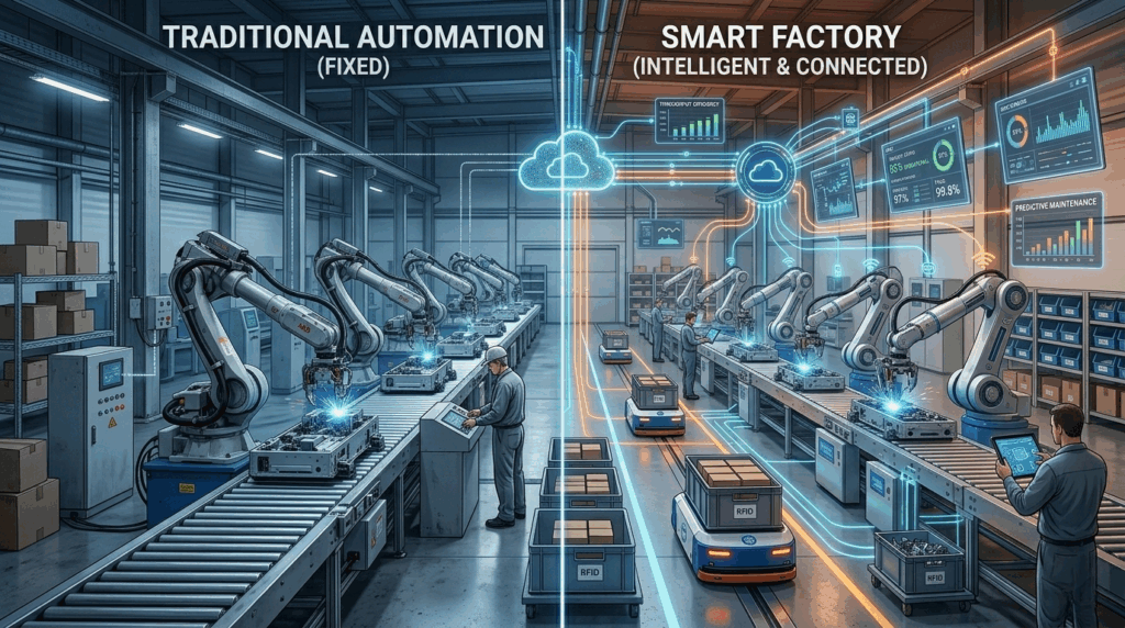 So sánh nhà máy tự động hóa và nhà máy thông minh với hệ thống kết nối dữ liệu và robot AGV