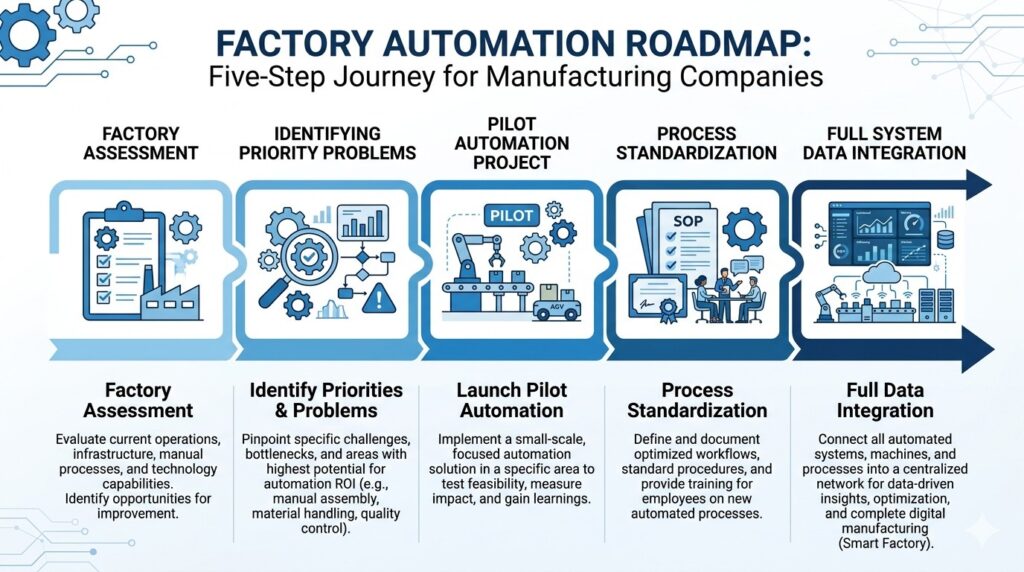 Sơ đồ lộ trình tự động hóa nhà máy gồm 5 bước từ đánh giá hiện trạng đến tích hợp dữ liệu toàn hệ thống