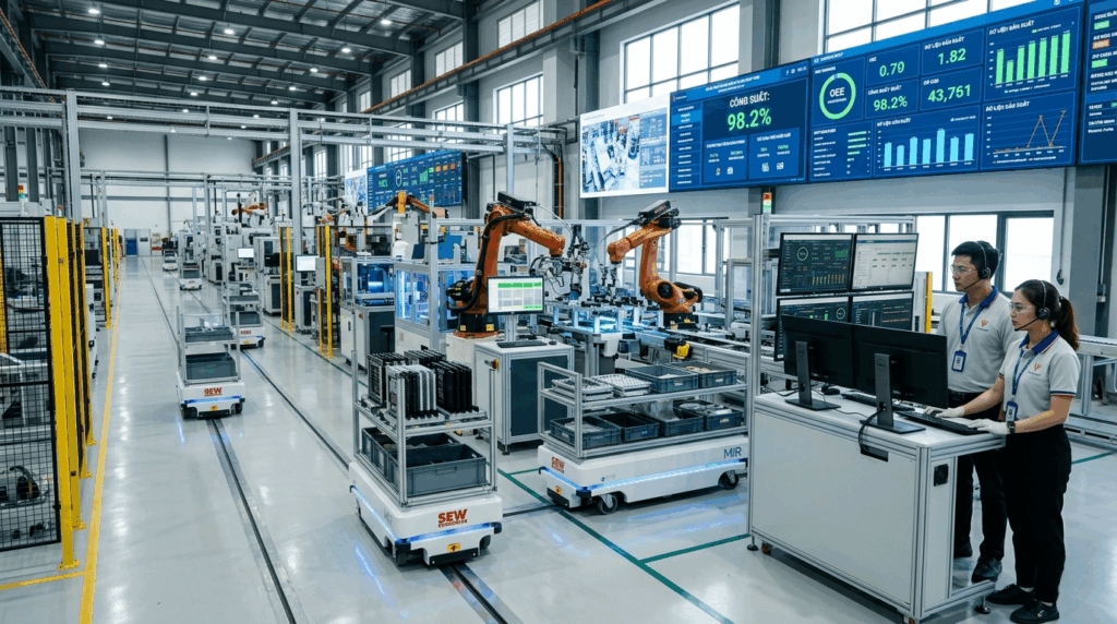 Hệ thống tự động hóa nhà máy với robot AGV và dây chuyền sản xuất thông minh trong doanh nghiệp sản xuất