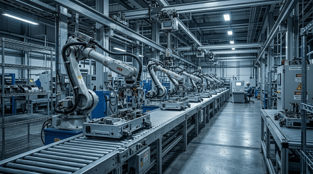 Nhà máy tự động hóa với dây chuyền robot và băng tải vận hành theo quy trình cố định