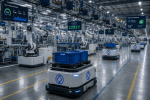Mô hình nhà máy thông minh Smart Factory trong sản xuất công nghiệp với hệ thống ERP, IoT, robot AGV và tự động hóa dữ liệu theo tiêu chuẩn Industry 4.0