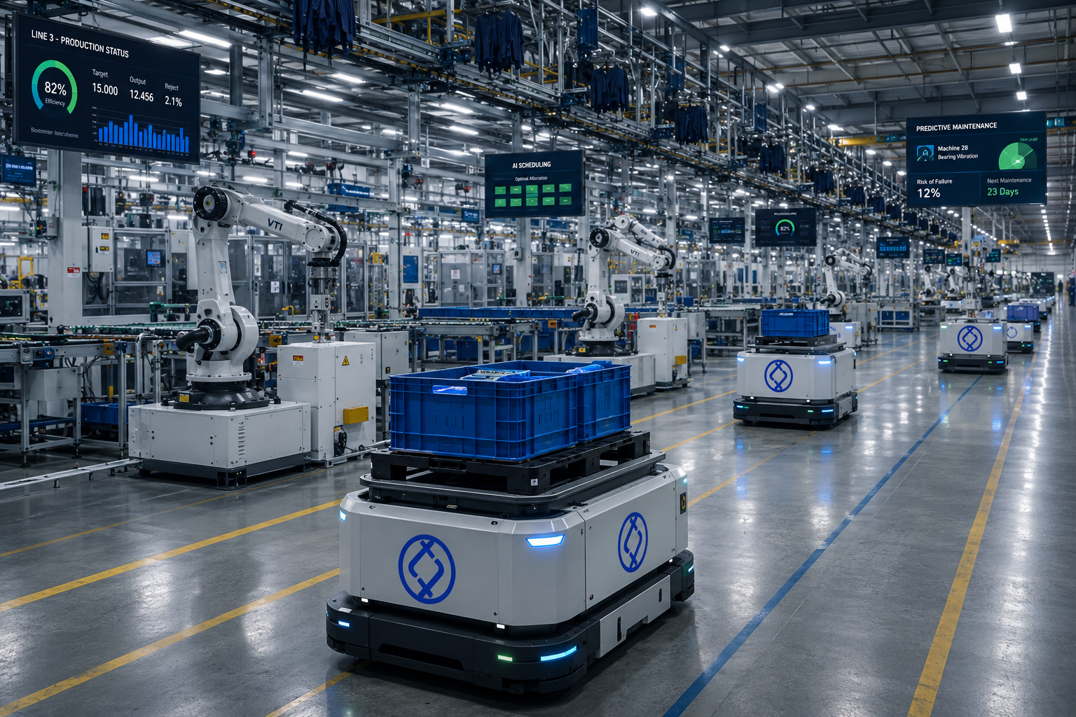 Mô hình nhà máy thông minh Smart Factory trong sản xuất công nghiệp với hệ thống ERP, IoT, robot AGV và tự động hóa dữ liệu theo tiêu chí đánh giá nhà máy thông minh